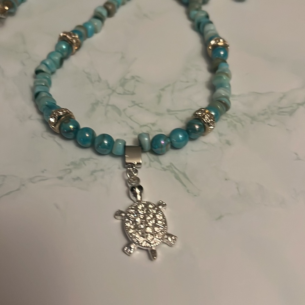 Beautiful handcrafted All natural Shell pendant necklace set Rhinestone Turtle